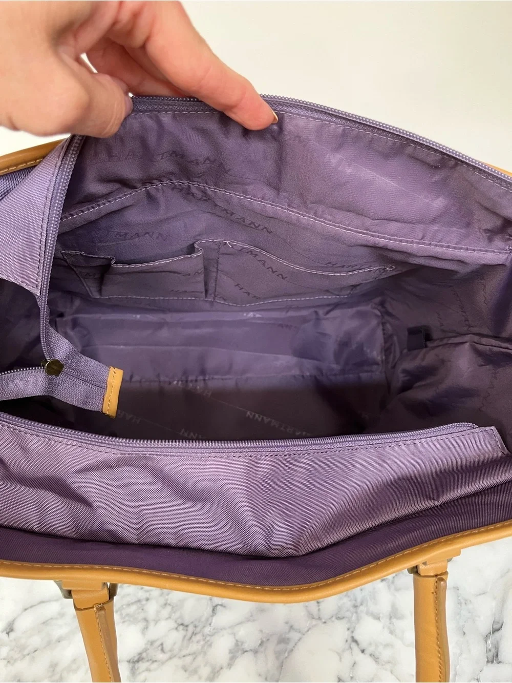 Hartmann purple nylon tote bag leather handles trim travel work bag